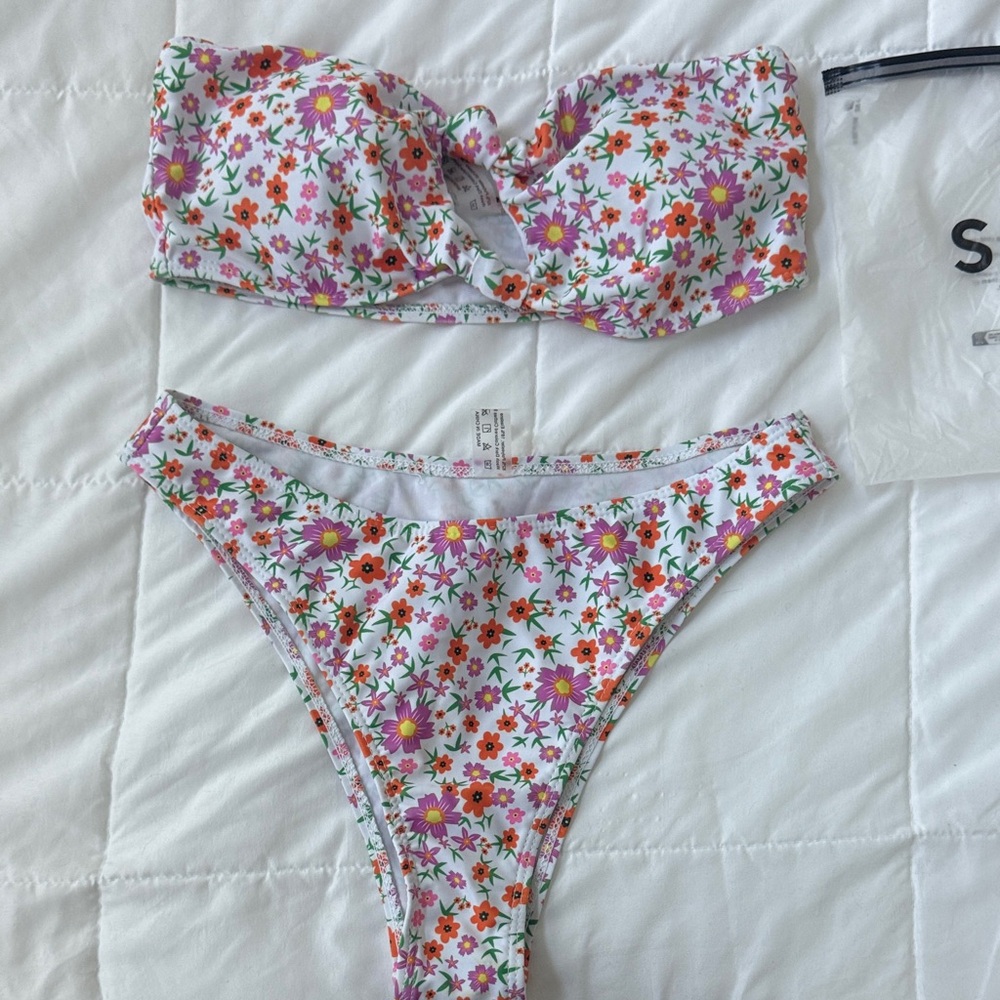 Floral Bandeau Bikini Set - White with Pink & Orange Flowers